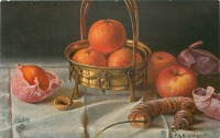 Ретро открытки - Фриц Хильдебранд. Апельсины в медной вазе, яблоки и сушёный инжир