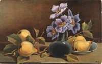 Ретро открытки - Клематис в голубой вазе и груши
