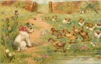 Ретро открытки - Счастливой Пасхи. Щенок с розовым бантом и утята