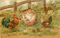 Ретро открытки - Счастливой Пасхи. Девочка в яичной скорлупке и куры с цыплятами