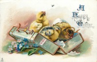 Ретро открытки - Счастливой Пасхи. Три цыплёнка в чемодане и незабудки