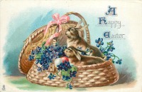 Ретро открытки - Счастливой Пасхи. Два кролика в корзине с фиалками