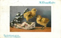 Ретро открытки - С Пасхой. Два цыплёнка, сабо и ветка вербы