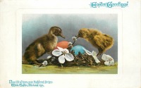 Ретро открытки - С Пасхой. Утёнок и цыплёнок у пасхального гнезда