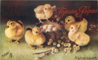 Ретро открытки - Цыплята и утята, пасхальная корзина и ветка  вербы