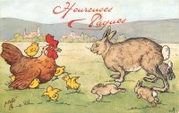 Ретро открытки - Счастливой Пасхи. Курица с цыплятами и кролик с крольчатами