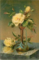 Ретро открытки - Катарина Кляйн. Жёлтые розы с бутонами в кувшине с голубым орнаментом