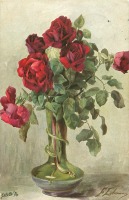 Ретро открытки - Красные розы с бутонами в зелёной вазе со змейкой