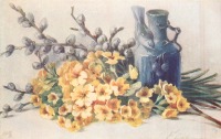 Ретро открытки - Ветки вербы, примула и голубая ваза с птицей и вишенками
