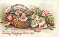 Ретро открытки - Р.А. Фостер. Розовый шиповник в круглой корзине