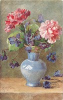 Ретро открытки - Красная гвоздика и душистая фиалка в голубой вазе