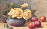 Ретро открытки - Жёлтые розы в низкой голубой вазе и сливы
