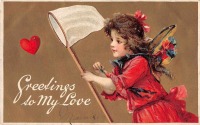 Ретро открытки - С любовью моей Валентине. Девочка с сачком для бабочек и сердечко