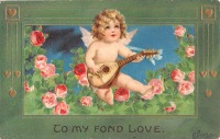Ретро открытки - С любовью. Купидон с лютней и розы
