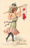 Ретро открытки - Валентинка. Женщина с сачком и сердцами