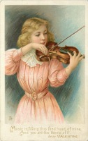 Ретро открытки - Любимые мелодии. Девушка в розовом платье со скрипкой
