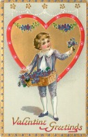 Ретро открытки - Валентинка. Мальчик с корзиной фиалок и золотое сердце