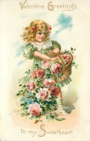 Ретро открытки - Валентинка. Девочка в зелёном платье с корзиной роз
