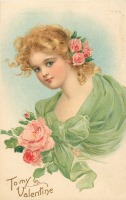Ретро открытки - Моему Валентину. Девушка в зелёном шарфе и французские розы