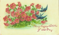 Ретро открытки - Поздравляю. Розовые луговые цветы и ласточки. Бисер
