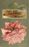 Ретро открытки - Розовая роза и каменный мост через ручей