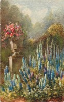 Ретро открытки - Голубой дельфиниум и красные розы в саду