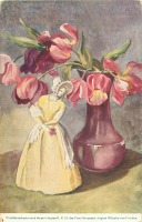 Ретро открытки - Букет тюльпанов в вазе и фарфоровая статуэтка