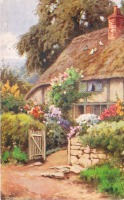 Ретро открытки - Коттедж под соломенной крышей и старый сад