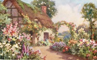 Ретро открытки - Коттедж под соломенной крышей и цветущий сад