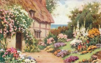 Ретро открытки - Альпийская горка, розы и старый дом