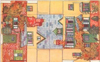 Ретро открытки - Модель коттеджа. Жёлтый дом с двумя трубами и мальчик с лейкой