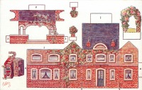 Ретро открытки - Модель коттеджа. Дом с беседкой и цветы в горшках
