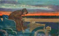 Ретро открытки - Леди в автомобиле на фоне заката