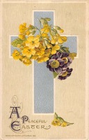 Ретро открытки - Мирной Пасхи. Пасхальный крест и первоцветы