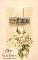 Ретро открытки - Пасхальные поздравления. Белые подснежники, крест и сельская церковь