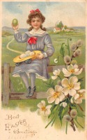 Ретро открытки - Пасхальные поздравления. Девочка и весенний пейзаж
