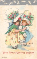 Ретро открытки - Счастливой Пасхи. Девочки в шляпах и кролик
