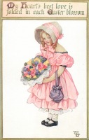 Ретро открытки - Девочка в розовом платье и букет цветов