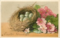 Ретро открытки - Счастливой Пасхи. Птичье гнездо и розовые примулы