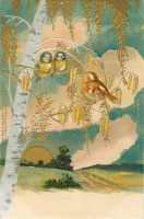 Ретро открытки - Две лазоревки, воробей и  золотое дерево