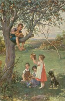 Ретро открытки - Дети в саду с корзинами яблок