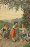 Ретро открытки - Дети под яблоней в саду