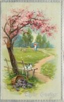 Ретро открытки - Кошка на скамейке, корзина фиалок и весеннее дерево