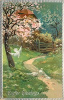 Ретро открытки - Голуби, розовое дерево, изгородь, коттедж и дорога в саду