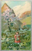 Ретро открытки - Девочка с куклой, цветущее дерево, коттедж и горный пейзаж