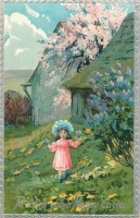 Ретро открытки - Девочка в шляпе и куст сирени в весеннем пейзаже