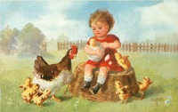 Ретро открытки - Девочка в красном платье и цыплёнок в скорлупке