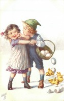 Ретро открытки - Мальчик, девочка, пасхальная корзина и цыплята