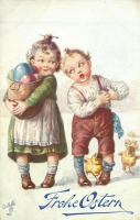 Ретро открытки - Малыши, пасхальная корзина и цыплята