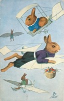 Ретро открытки - Кролики, пасхальная корзина и фантастический самолёт